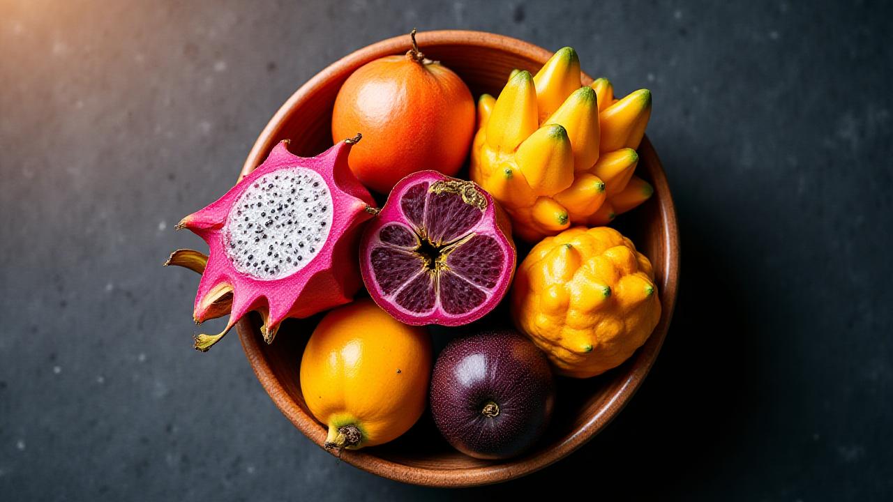 ドラゴンフルーツやスターフルーツを含む鮮やかなエキゾチックフルーツの盛り合わせ