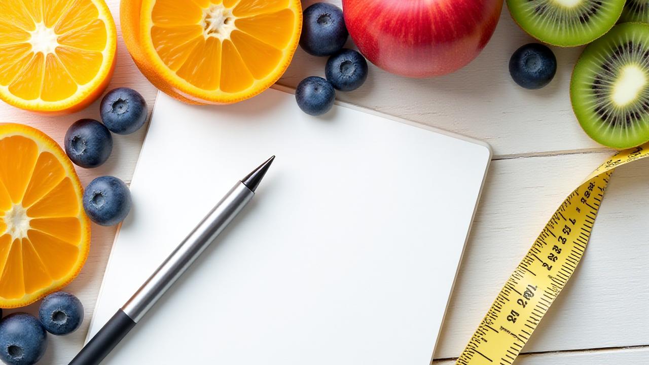 健康的なフルーツと栄養ノートの平置き