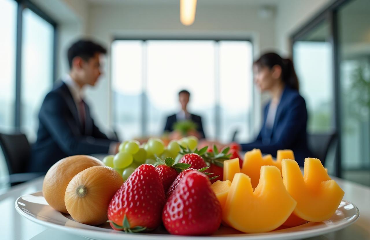 職場で新鮮なフルーツを囲むプロフェッショナル