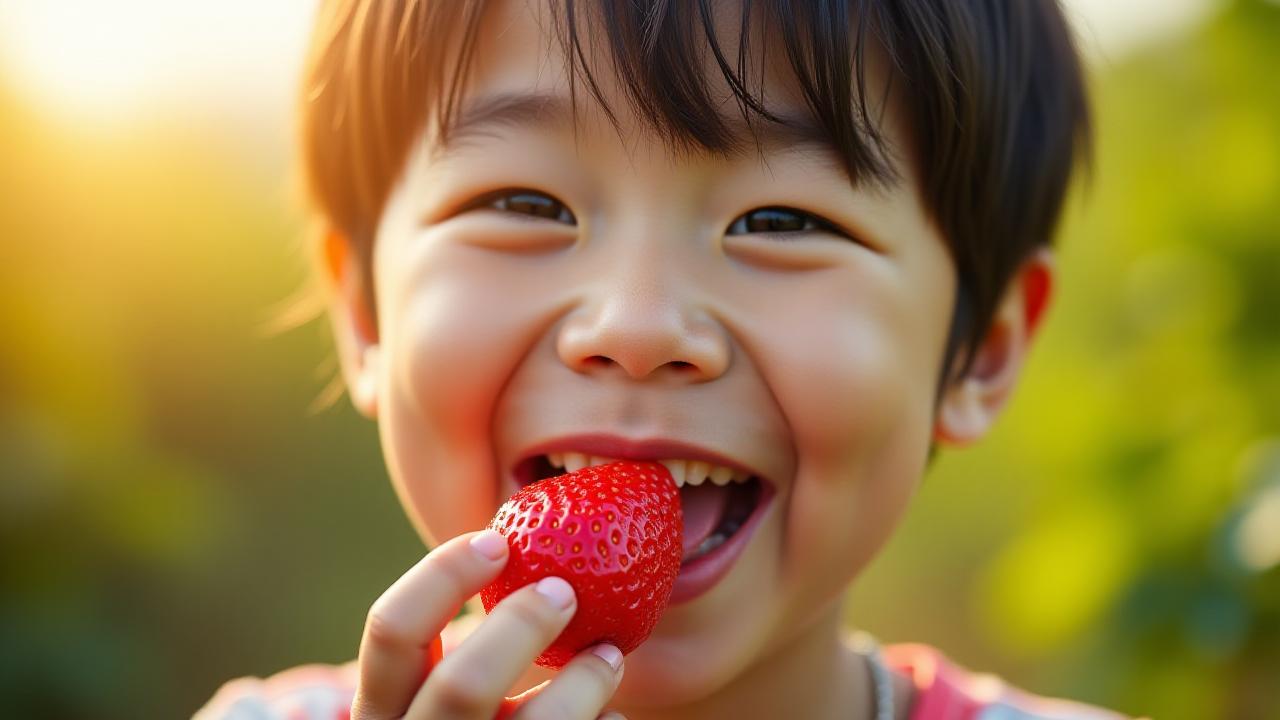 栃木県産の新鮮な苺を笑顔で食べる子供